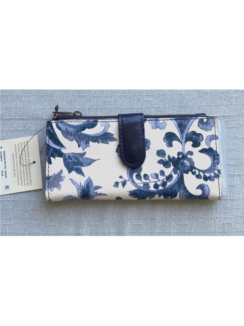 Patricia Nash Blue Floral Leather Continental Wallet with Navy Snap Tab